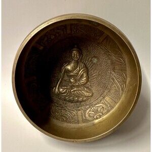 Tibetan Singing Bowl Brass Buddha Carved Meditation Sound Healing Ritual Bowl